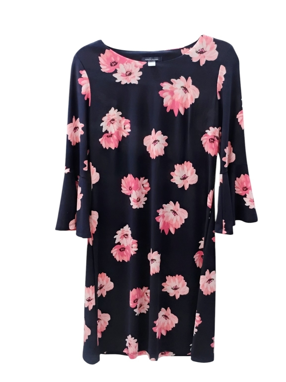 Tommy Hilfiger Navy Midi Dress with Pink Floral Print and Bell Sleeves SZ 10 - Picture 2 of 3